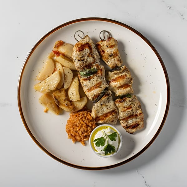 Grilled chicken souvlaki skewers with roasted potatoes, rice pilaf, and tzatziki sauce on a white plate.