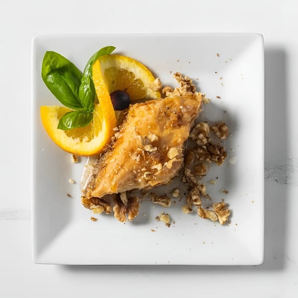 Greek baklava with honey, walnuts, orange slices, and basil on a white square plate.