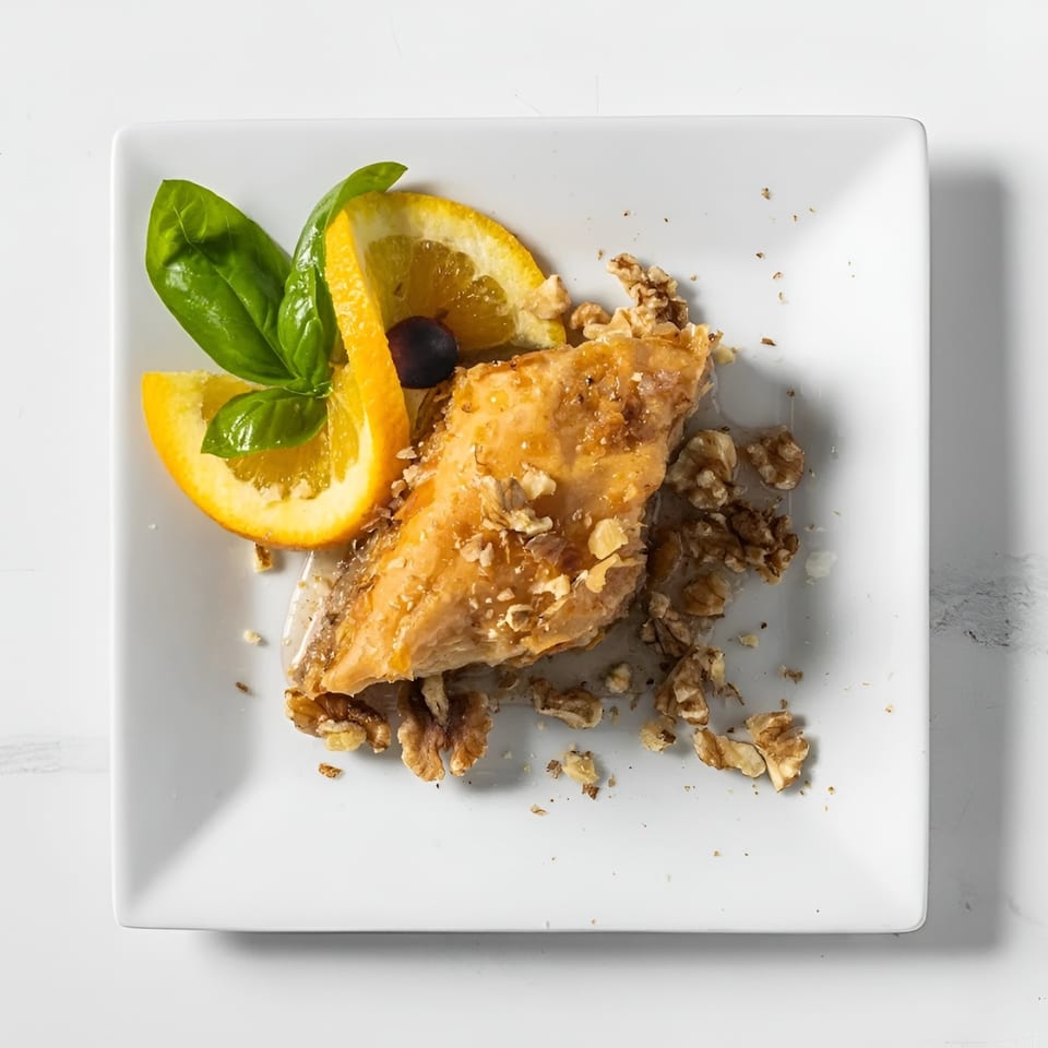 Greek baklava with honey, walnuts, orange slices, and basil on a white square plate.