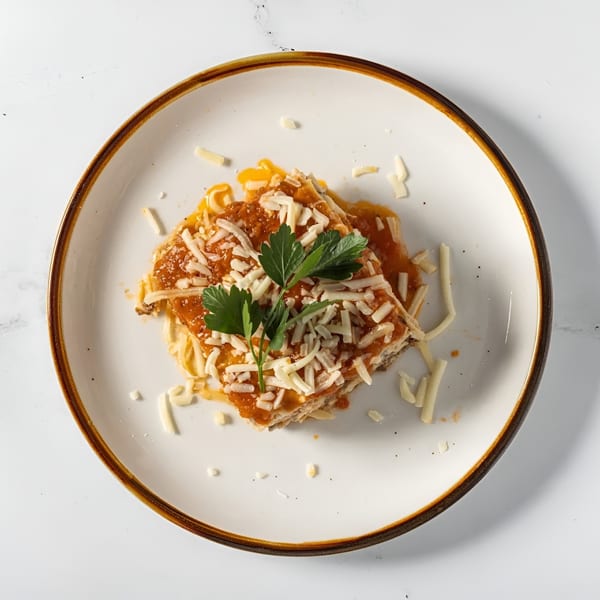 Djonisi’s Restaurant's Greek pastitsio, topped with red sauce, shredded cheese, and parsley, on a white plate.