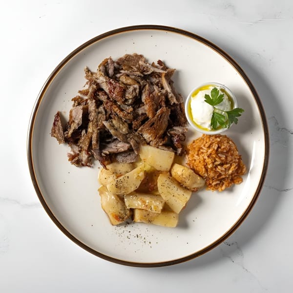 Djonisi's Greek gyros plate with sliced meat, roasted potatoes, rice, and tzatziki sauce.