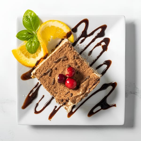 A slice of tiramisu with chocolate drizzle, cranberries, orange, and basil on a white plate.