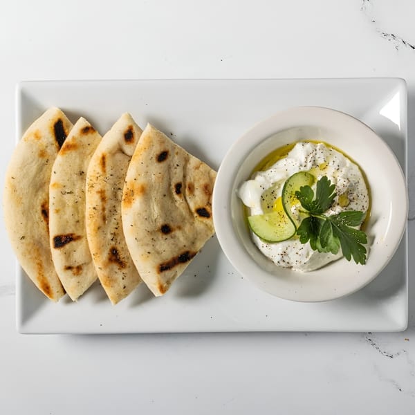 Four pieces of warm pita bread next to a bowl of tzatziki sauce with cucumber, parsley, and olive oil.
